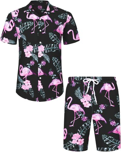 J.VER Herren Hawaiihemd Flamingo Floral Kurzarmhemd und Shorts Sommer Beach Freizeithemden Funky Party Outfit Hawaii Hemd Männer Faltenfrei Urlaub Hemd Set,Schwarz Flamingo,M