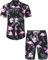 J.VER Herren Hawaiihemd Flamingo Floral Kurzarmhemd und Shorts Sommer Beach Freizeithemden Funky Party Outfit Hawaii Hemd Männer Faltenfrei Urlaub Hemd Set,Schwarz Flamingo,M