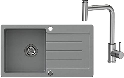 VBChome Spülbecken Grau mit Armatur 77 x 44 cm Granit Einzelbecken Einbauspüle gesprenkelt reversibel Verbundspüle + Siphon Waschbecken Armature Schwenkauslauf, Federauslauf