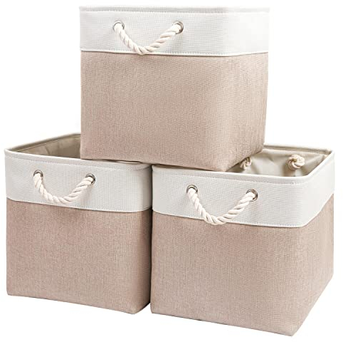 Mangata Aufbewahrungsbox,(33x38x33cm) Aufbewahrungskorb Stoff, Box in Würfel für Schrank, Regal, und Kleidung(Helles Khaki/weiß, 3er Pack)