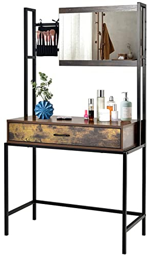 COSTWAY Industrial Dressing Table, Makeup Vanity Table with 3-Position Adjustable Mirror, Drawer and Cosmetic Brush Bag, Metal Frame Wooden Bedroom Furniture Dresser Desk Gift for Girls Women