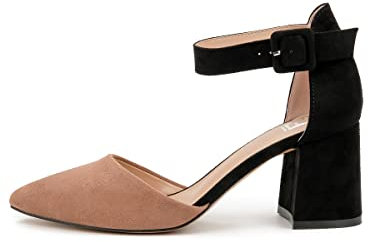 Rio Fiore Damen Pumps, Schwarz/Beige, 7.5cm Blockabsatz, Bequeme Pumps mit Riemen, Wildlederimitat, Riemchenpumps, 661029-80-27 (Schwarz/Beige, 36 EU)