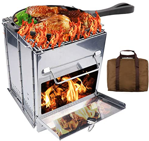Faltbar Tragbar Holzofen Camping Tragbar, Holzvergaser Outdoor Campingkocher Edelstahl Winddicht für BBQ Picknick Wandern Camping,Silver,S