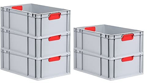 PROREGAL SuperSparSet 5x Eurobox NextGen Color | HxBxT 22x40x60cm | 44 Liter | Griffe rot geschlossen | Verstärkter Boden | Eurobehälter, Transportbox, Transportbehälter, Stapelbehälter