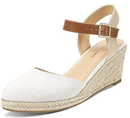PIZZ ANNU Womens Wedge Sandals Canvas Ladies Espadrilles Summer Elegant Buckle Mid Heel Platform Closed Toe Shoes White Size 3.5/4
