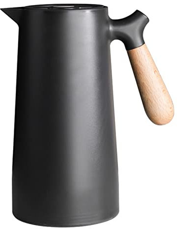 Tomotato 1L Carafe à Café Isotherme, Théière à Café sous Vide à Double Paroi avec Doublure en Verre, Thermos à Café Isolé avec Poignée en Bois, Gardant Le Chaud et Le Froid(Noir)