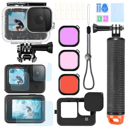 ShipeeKin Kit di accessori per Gopro Hero 12 11 10 9 nero, custodia impermeabile maniglia galleggiante pellicola di vetro filtro rosso silicone protettivo con copertura lente inserti antiappannamento