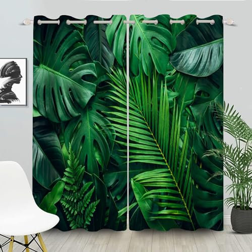 FABTOP Gardinen Blickdichter Grüne Palmblätter, Tropische Blätter Vorhänge Grüne Palmblatt Ösen Gardinen, Grüne Tropische Pflanze Muster Monstera Vorhänge (6,280×180BxH (140×180cm×2))