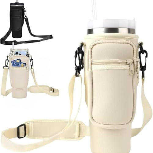 Stanley Cup Bag, Accessories Holder with Adjustable Strap & Phone Pocket for Bottles | 40 oz Stanley Cup Holder | Carry Case for Walking and Hiking (Beige Bag + Straw Stopper)