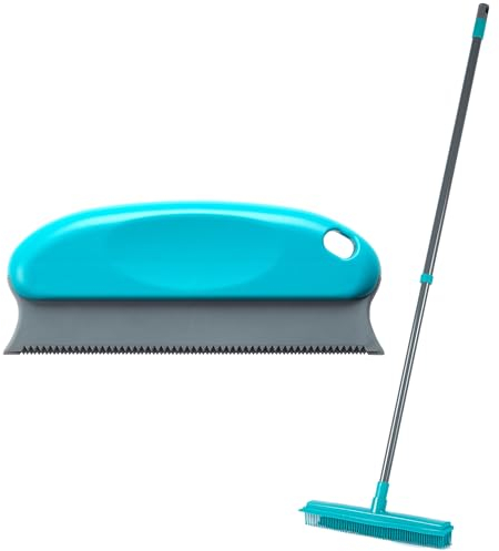 Beldray COMBO-9222 Antibac Pet Plus Broom & Cleaning Blade Set – Furrresh Scraper Tool & Rubber Head Squeegee Wiper Broom with Extendable Handle, Remove Dog Cat Hair, Washable Reusable, Antibacterial
