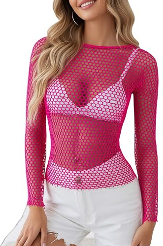 Mingnos Hauts en résille pour femme Sexy Transparent Lingerie T-shirt Robe Festival Tenue Manches Longues Mesh Tops