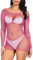 Mingnos Haut en maille filet pour femme - Sexy - Lingerie transparente - T-shirt - Robe de festival - Manches longues - Haut en maille, Rose, taille unique