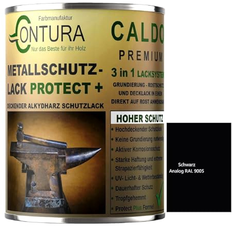 Contura 3in1 Rostschutzfarbe Metallschutzlack Seidenmatt RAL Metall Lack Farbe Grundierung (RAL 9005 Schwarz, 500ml.)