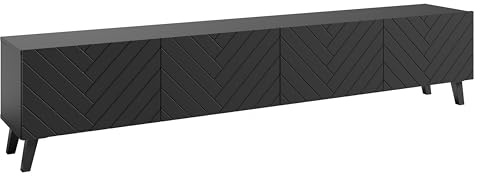 MINIO go for it - TV Schrank LOKET, 190 cm Breit, Lowboard, mit Klappen, TV Unterschrank, TV Stand Cabinet, Fernsehschrank, Wohnzimmer Möbel, TV Sideboard, Farbe: Schwarz matt mit Fischgrätenmuster