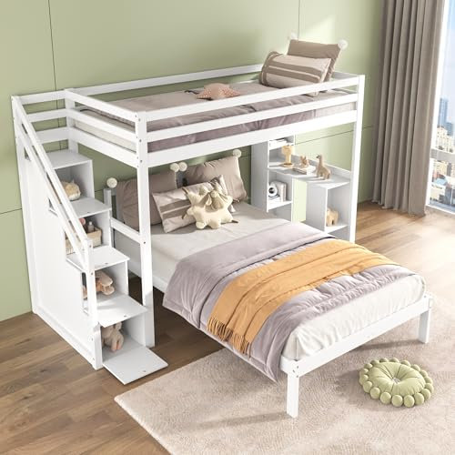 Merax Etagenbett für Kinder, multifunktional, Hochbett mit Regal und Treppe, Stauraum, Hochbett für 2 Personen, 90 x 200 und 120 x 200 cm, Weiß (ohne Matratze)