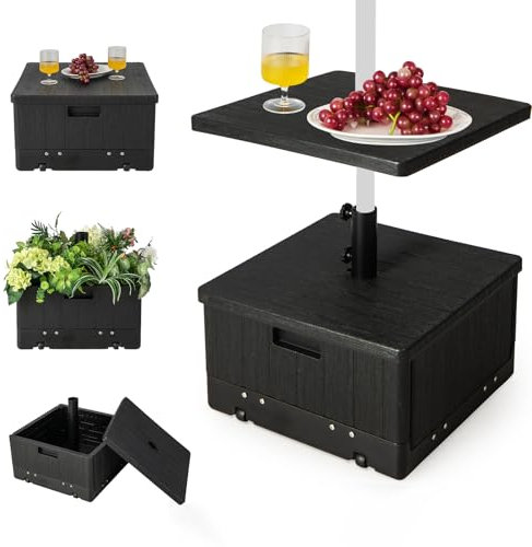 GOPLUS Base de Parasol Mobile pour Parasol de 38/48 mm, Remplissable d'eau 45L et de Sable 67KG, Bac à Plantes avec roulettes et Poignée, Plateau de Table, Sac de Poids, 2 Boutons Réglables (Noir)
