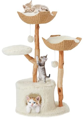 Modern Cat Tree Tower, Wooden Cat Tower, Heavy Duty Cat Trees for Large Cats, Unique Handmade Aesthetic Cat Tree with Real Wood Branches, Luxury Boho Cat Furniture