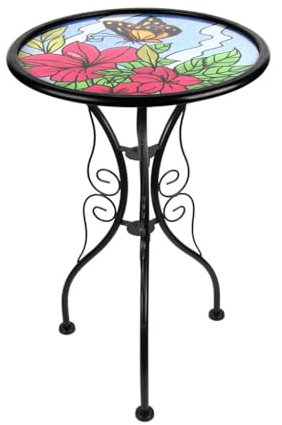NEWCIX Patio Tisch Und Pflanzenständer 14“ Schmetterling Glas Beistelltisch Metall Runder Tisch Beistelltisch Für Patio, Veranda, Balkon, Garten, Beet