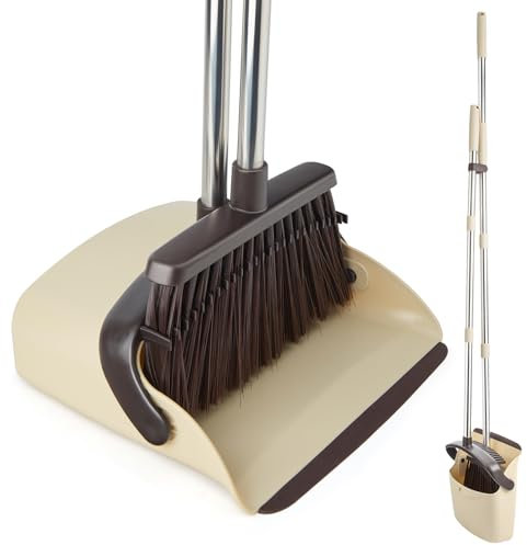 OOOFLOWER Broom and Dustpan Set, Efficient Floor Cleaning with Broom, Long Handle and Standing Dustpan with Comb Teeth, Adjustable Handle for Home Kitchen Office Lobby(Beige)