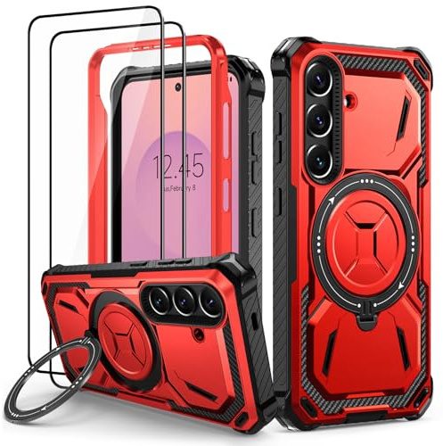 Lanhiem für Samsung Galaxy S25 Hülle mit 2 Stück Schutzfolie, 360° Ring Ständer Schutzhülle, Militärischer Stoßfest Handyhülle für Samsung Galaxy S25 Case, Rot
