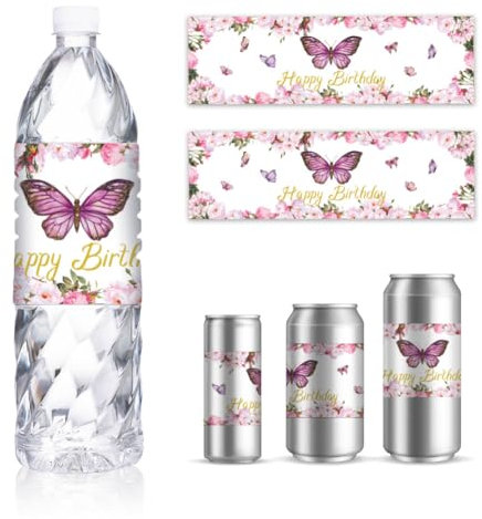GOMAKERER 30 Blatt Wasserflaschenetiketten Mit Rosa Schmetterlingen Aufkleber Mit Blumenmotiv Happy Birthday Für Wasserflaschen Personalisierte Etiketten Für Trinkwasserflaschen Dekoration 216x64mm