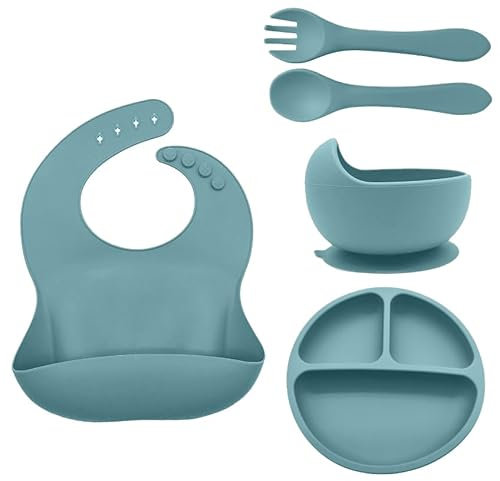 Esslernbesteck Beikost Baby Zubehör Set Esslernlöffel Baby, Kinderbesteck ab 1 Jahr, Kindergeschirr BPA-Freiem Silikon Baby Teller Mit Saugnapf, Baby Geschirrset Spülmaschinenfest, Mikrowellengeeignet