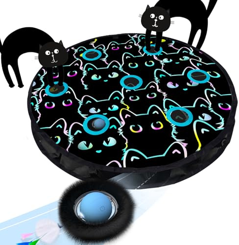GoldenSun Katzenspielzeug, Bewegungs-Zwitscher-aktivierter Beweglicher Ball, Maus-Fangspiel Blau, 7-Loch-Versteckspiel für Katzen im Innenbereich, Schwarzes MIAU