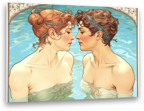 GALERIE SCHÖNE KÜNSTE - Frauen Liebe #5 - Jugendstil Retro Bild emotionale Ausstrahlung - Lesbisches Paar, starke Frauen - Wandbild Kunstdruck auf Leinwand - Aufhängefertig auf Keilrahmen (40x30 cm)