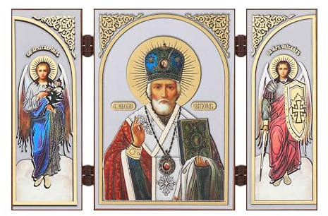 NKlaus Triptychon, Heiliger Nikolaus, 13x8x0,6cm, christlich, Holz, 1 Stück | Christliches Motiv mit Erzengeln Gabriel und Michael, goldener Prägung und Schutzlack