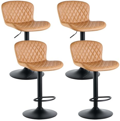Set of 4 Adjustable Bar Stools with Backrest Padded Seat 360° Swivel Faux Leather for Kitchen Bistro Dining Room Café - Brown PU Upholstery