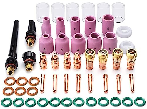 Zhjiutak 55pcs TIG Welding Torch Accessories Kit, High Temperature Glass Cup Back Cup Collets Collets Body Alumina Nozzle Stubby Gas Lens TIG Welding Equipment for WP-17/18/26
