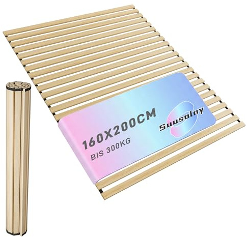 Suusolny Aufrollbarer Lattenrost Rollrost 160x200cm, Mit 23 stabile Holzleisten & Schwarzes Gummiband, Belastbarkeit bis 300KG -L