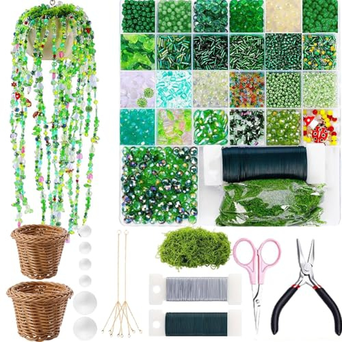 5422 PCS DIY Beaded Plant Kit, Green Beads for Beaded Plants with Video Tutorials, Forever Plant Beadeds Making Kit with Hanging Chain and Manual, Green Beads for Jewelry Making (Include Pot & Foam)