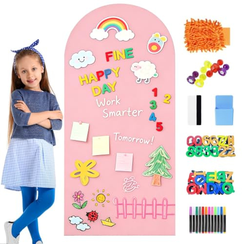 LOMUG Autocollant mural magnétique, 100 x 45 cm, couleur rose, tableau à arc, avec plusieurs accessoires, dessin mural magnétique, apprentissage pour la salle de jeux, la maison