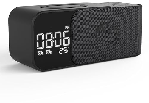 Bluetooth Speaker Alarm Clock with Wireless Charging, Dual Alarms, FM Radio, and Bass-Enhanced Sound