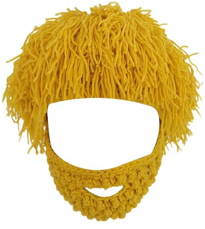 ZPGVWXKO Strickmütze Kopfbedeckung Beanie Mütze Wintermütze mit Herausnehmbarem Bart Aus Plüschigem Garn Als Lustige Verkleidung für Ski Fasching Outdoorabente, Kurkuma S