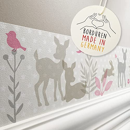 lovely label Bordüre selbstklebend HÄSCHEN & REHE ROSA BEIGE - Wandbordüre Kinderzimmer Babyzimmer mit Hase & Reh Waldtiere - Wandtattoo Schlafzimmer Mädchen – Wanddeko Baby Kinder