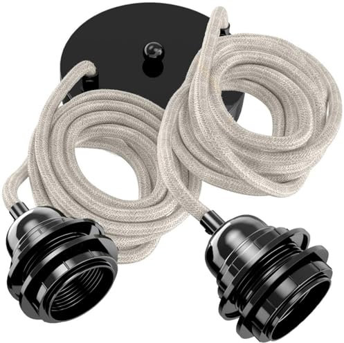 Hoopzi - Suspension Luminaire 2 Ampoules - 2,5m - Câble en Lin - Lustre pour Salon, Cuisine, Chambre - Modèle Hang 2 Lin Naturel Pavillon Noir