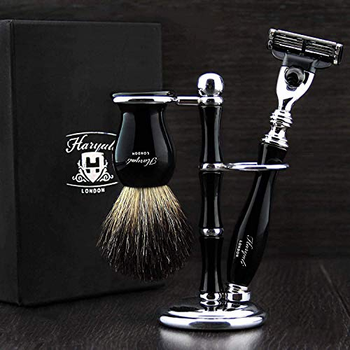 JAG SHAVING GERMANY Das Luxus-Kit-Set für Männer mit Nassrasur enthält Rasiermesser, schwarze Dachshaarbürste und eine komplette Abonnementbox für den Stand
