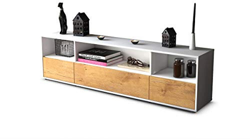 Stil.Zeit Lowboard Aika, Korpus Weiss matt, Front Holz-Design Eiche (180x49x35cm) Push-to-Open Technik & Leichtlaufschienen