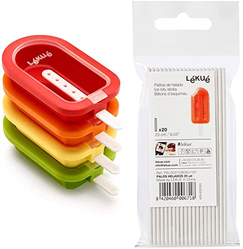 Lékué - Polo Apilable Classic, Silicona, Surtido Multicolor, 16,5 Cm, 4 Unidades + Palos Para Helados 20 Un, Blanco, 9.4 Cm, Unidades