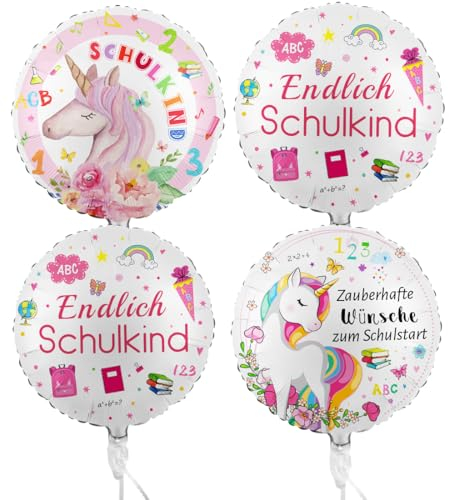 4 Schulanfang Folienballon, Einschulung Mädchen Deko, Endlich Schulkind Helium Ballon, Einhorn ABC Schulstart Folien ballons, Schuleinführung Folien Luftballon, Schule Kindergarten Ballon for Child