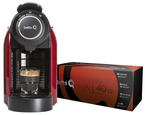 Delta Q - Pack Cafetera Delta Q Evolution Roja - Para Cafés, Té y Bebidas Calientes - Sencilla y Práctica - Diseño Elegante - Pack XL: Incluye Cafés Delta Q Qharacter + Qalidus + Qharisma + EpiQ