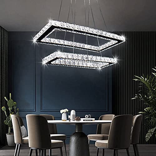 Modern Crystal Chandelier Rectangular Led 2 Rings Ceiling Light Stainless Steel Pendant Light led Chandeliers for Dining Room Living Room Bedroom(Cool White)…