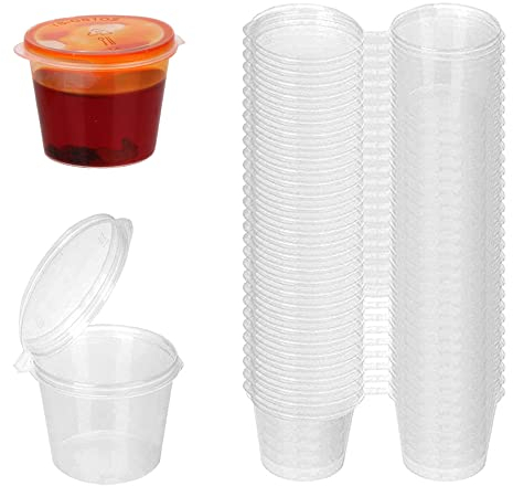 1oz 50 Pieces Small Plastic Containers with Lids, 25ml Small Sauce Pots Plastic Pots Reusable Jelly Pots for Sauce Dips Salads