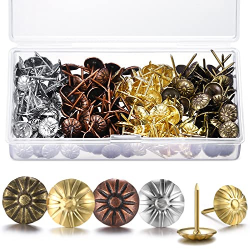 200 Pcs Upholstery Tacks for Decorative Furniture Upholstery Nails 7/16 Inch Vintage Head Diameter Brass Daisy Thumb Tack Push Pin Furniture DIY Decorative (Antique Brass, Gold, Red Copper, Sliver)