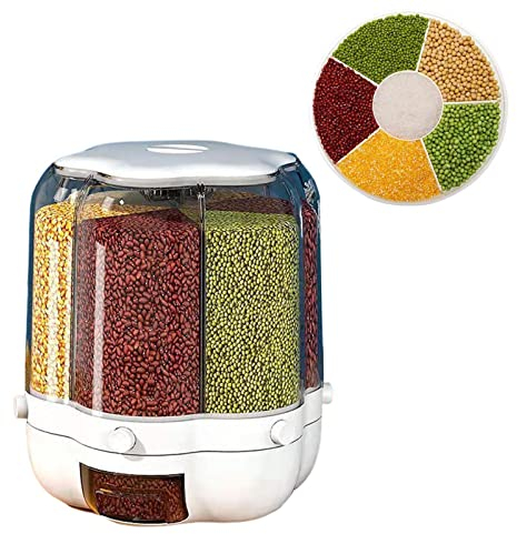 Ruilonghai 6-Grid Dry Food Container, Cereal Dispenser Countertop, Grain Rice Cereal Rotating Container, Round Transparent Rice Bucket, Visible, 10.6x10.6x10.2in/10.6x10.6x12.6in