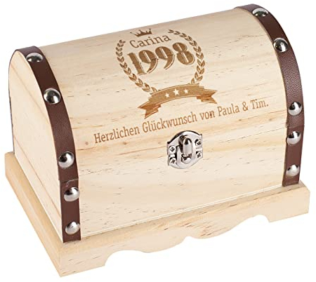 Herz & Heim® Schatzkiste aus Holz als Geburtstagsverpackung mit Name, Wunschtext und Jahreszahl
