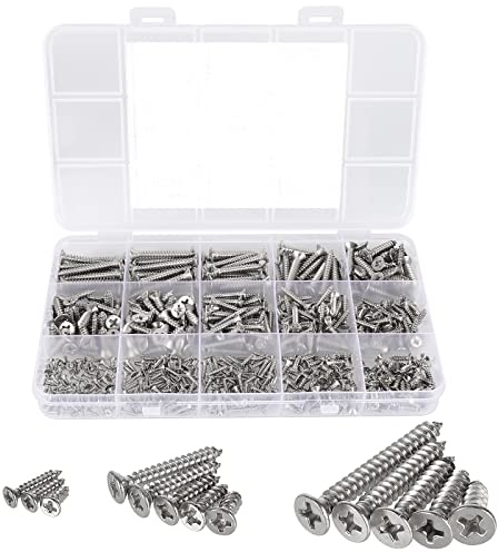 HanTof 525Pcs M2 M3 M4 Phillips Flat Head Self Tapping Wood Screws,304 Stainless Steel, 13 Sizes Cross Countersunk Sheet Metal Screws Assortment for Wood,Plastic and Metal.Coarse Threaded, Sharp Point