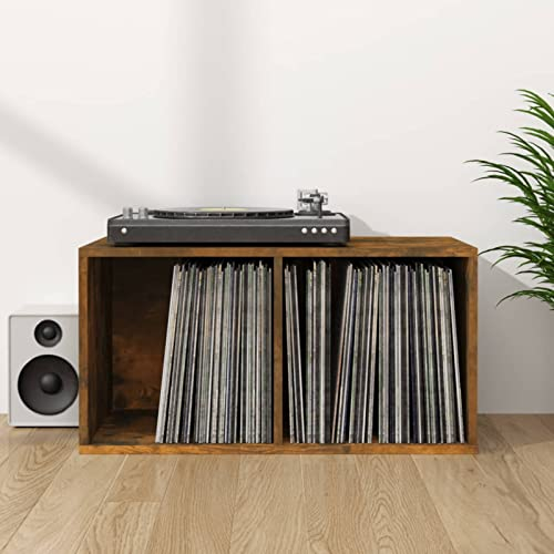 Gecheer Schallplatten Aufbewahrungsbox mit 2 Fächern Box Aufbewahrung Kasten LP Schallplatten Regal Transportbox Holzwerkstoff Räuchereiche 71x34x36 cm